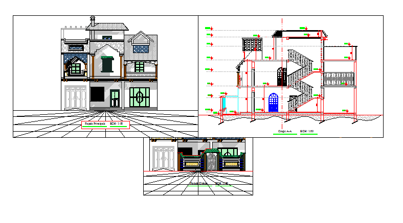 Elevation and section design drawing of Villa design