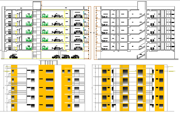 Elevation and section detailing of multi-flooring housing building dwg file