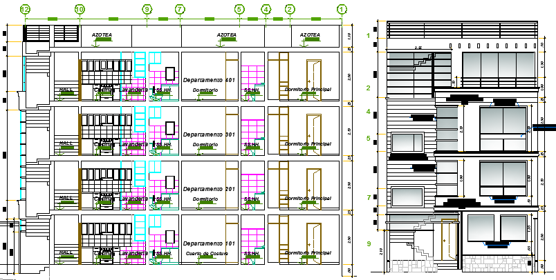Elevation and section details of multi-flooring housing building dwg file