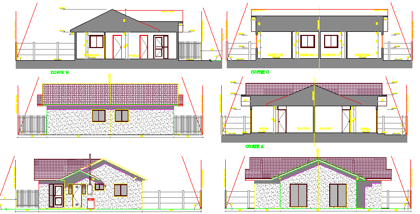 Elevation and section details single housing project dwg file