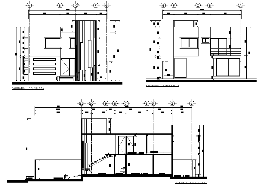 Elevation and section executive project house 2 levels autocad file
