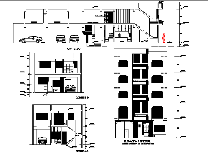 Elevation and section family house autocad file