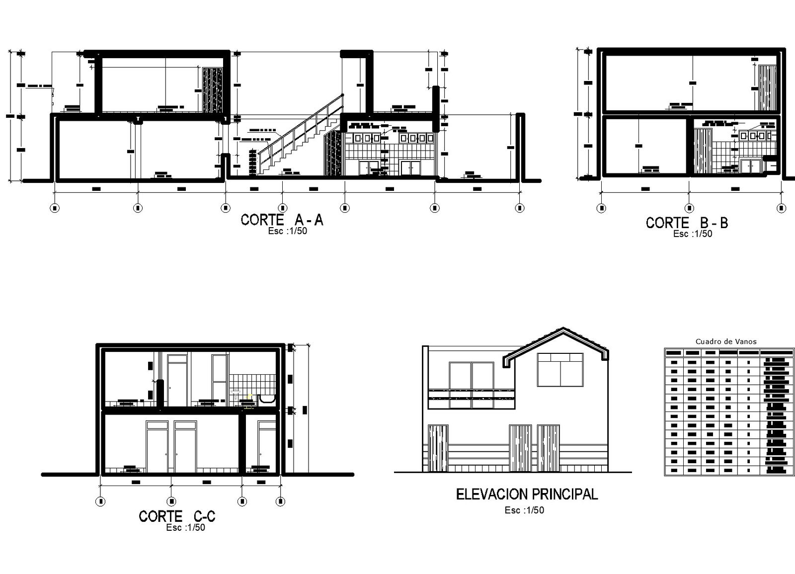 Elevation and section family house dwg file
