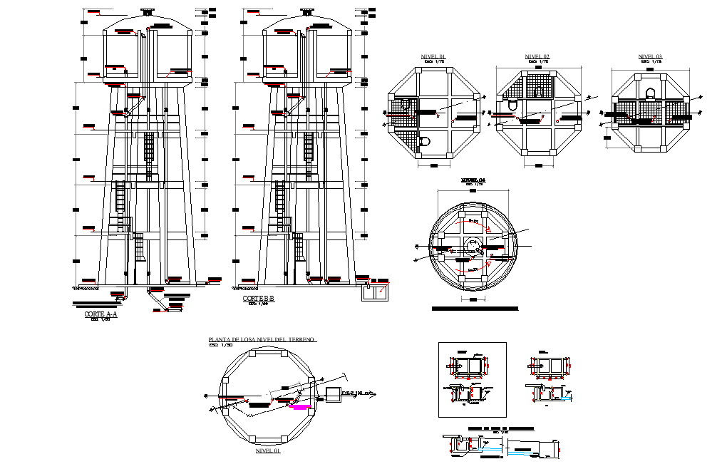 Elevation and section high reservoir autocad file