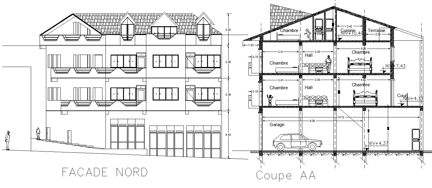 Elevation and section home plan layout file