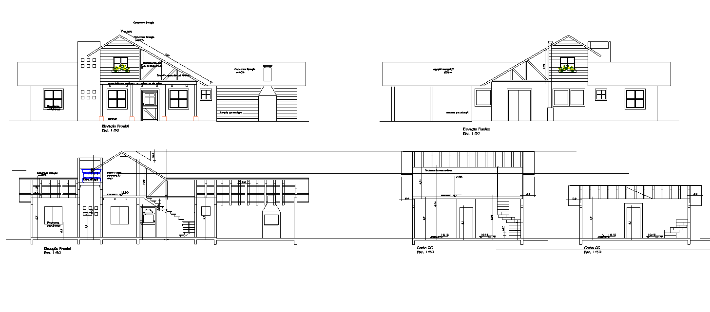 Elevation and section house plan autocad file