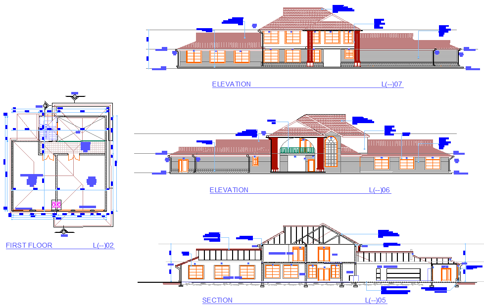 Elevation and section house plan autocad file