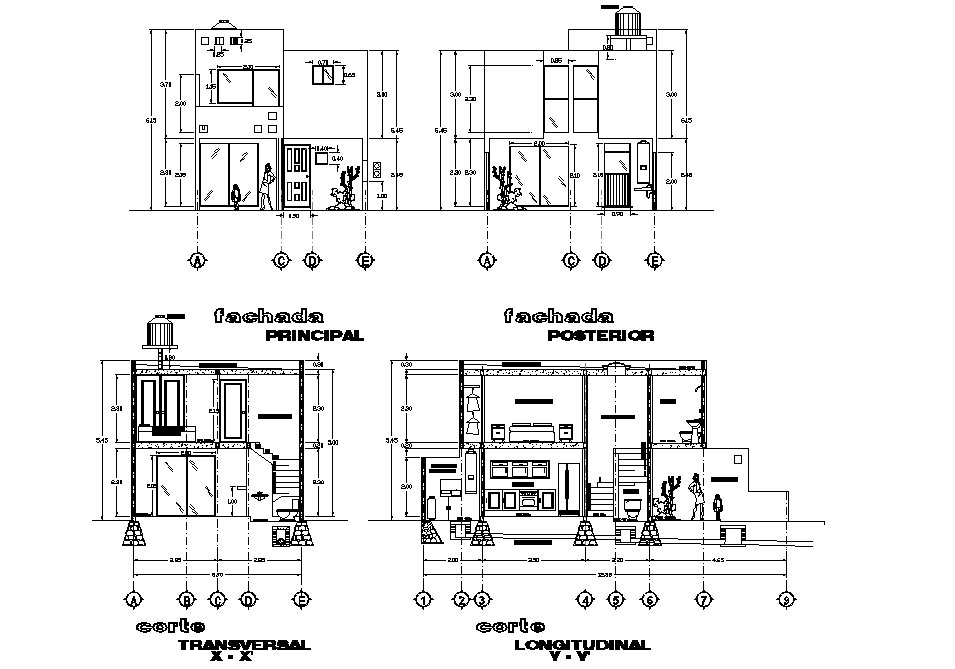 Elevation and section house plan detail dwg file