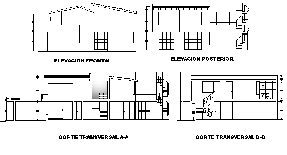 Elevation and section house plan detail dwg file