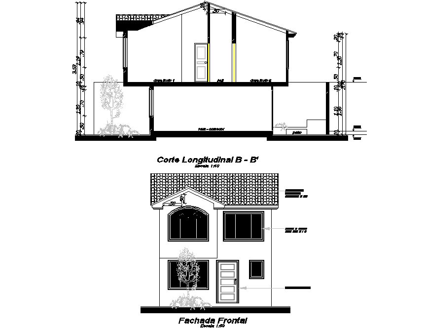 Elevation and section house plan detail dwg file
