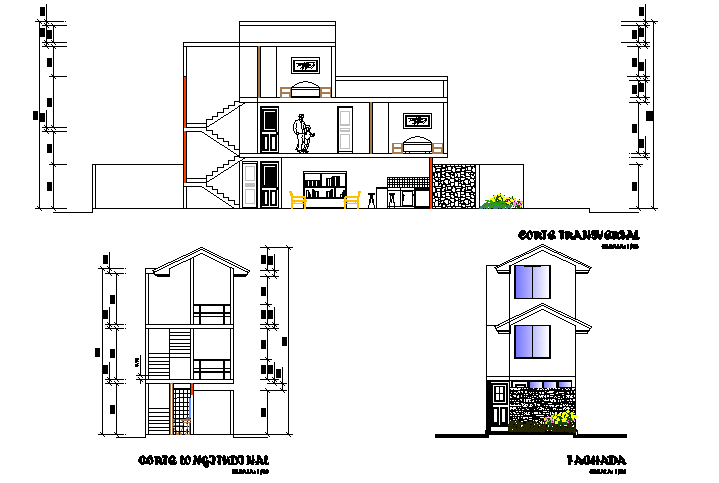 Elevation and section house plan detail dwg file