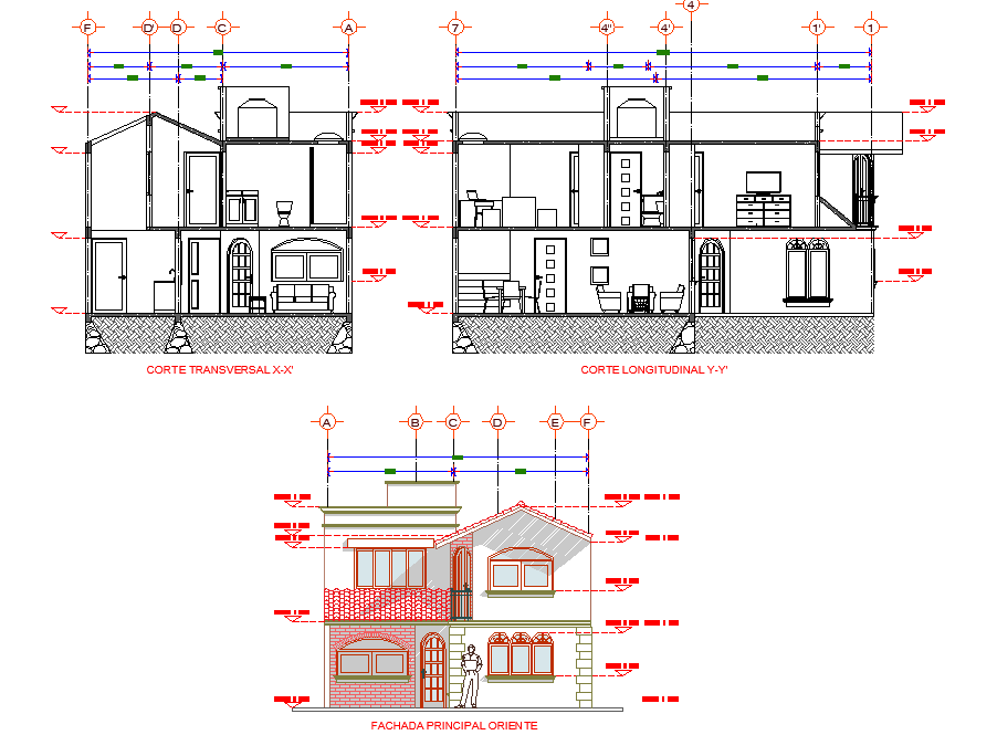 Elevation and section house room facilities plan autocad file