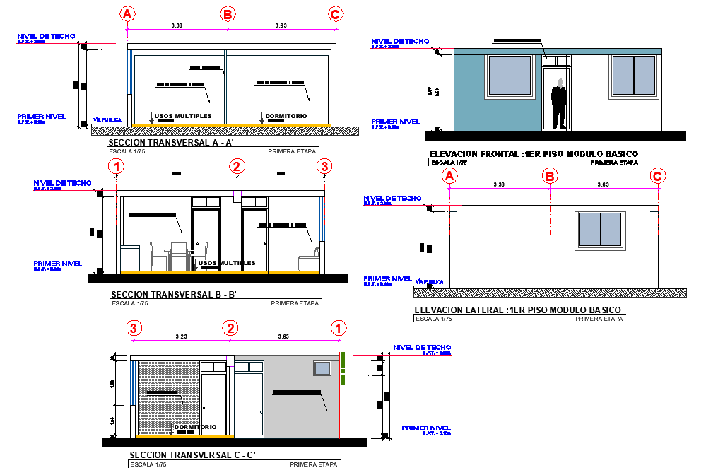 Elevation and section housing workshop autocad file