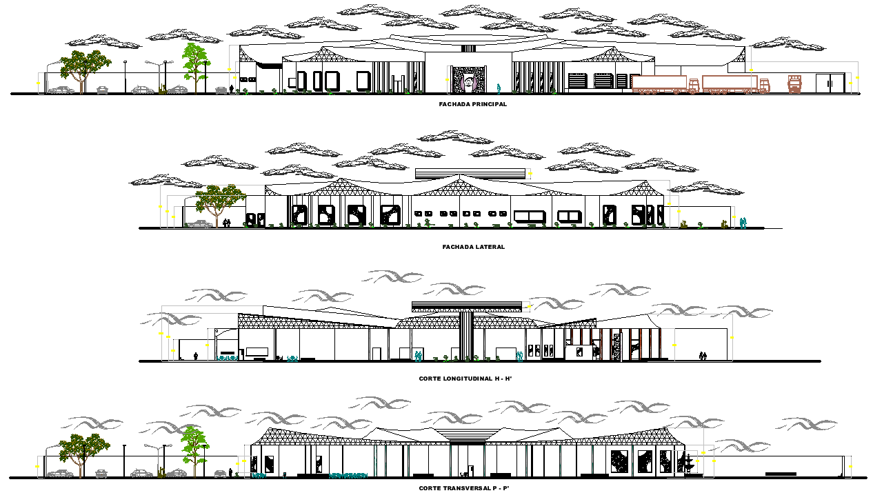 Elevation and section industrial plant detail dwg file