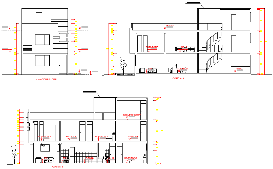 Elevation and section living place layout file
