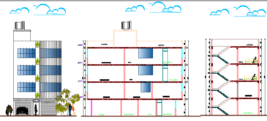 Elevation and section plan of Multi-family housing flats dwg file