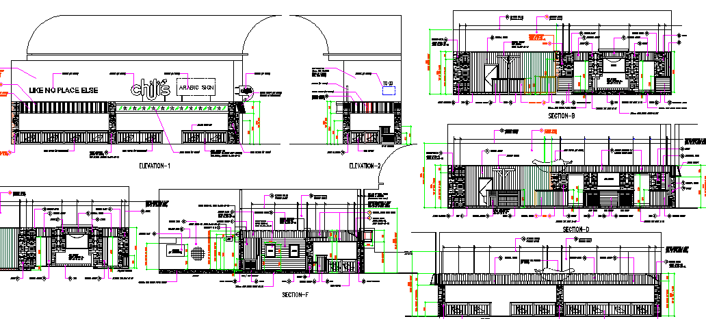 Elevation and section plan of restaurant with bar dwg file