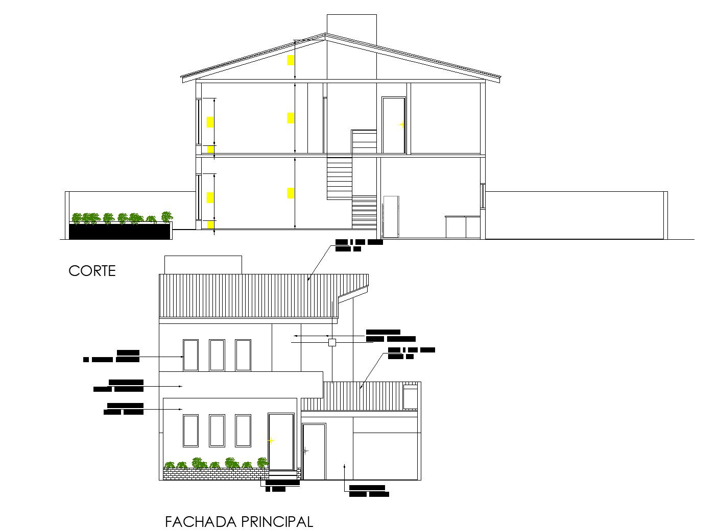 Elevation and section project of housing for one family layout file