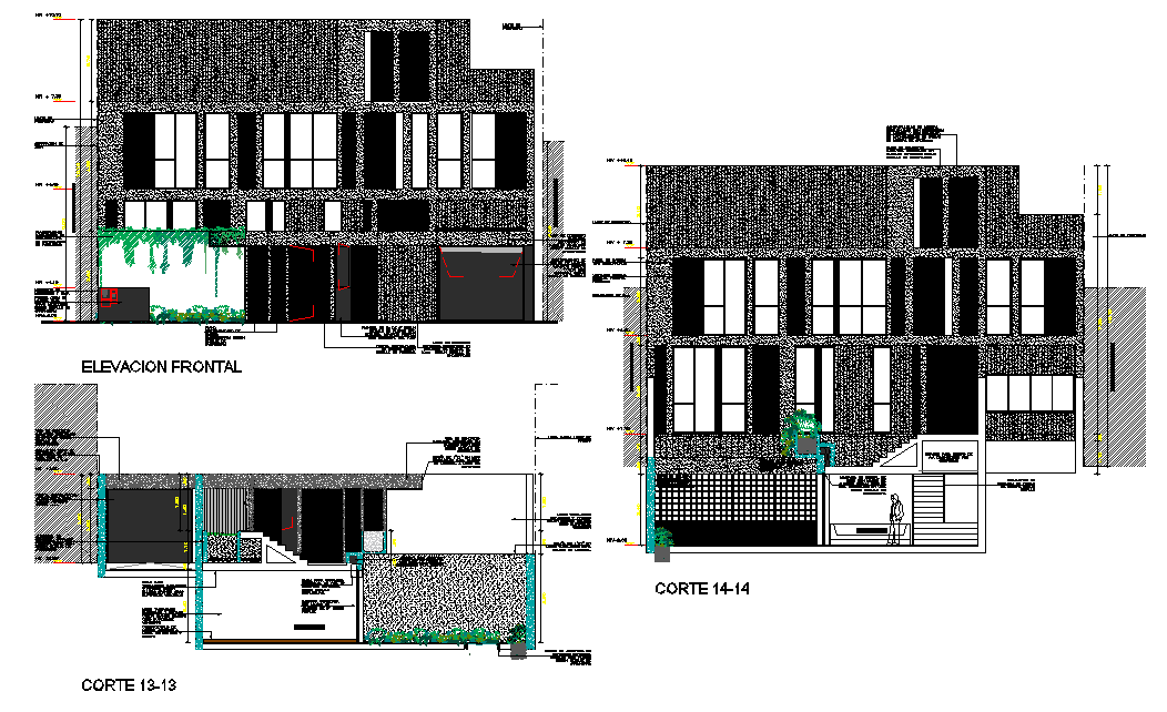 Elevation and section residence home plan dwg file