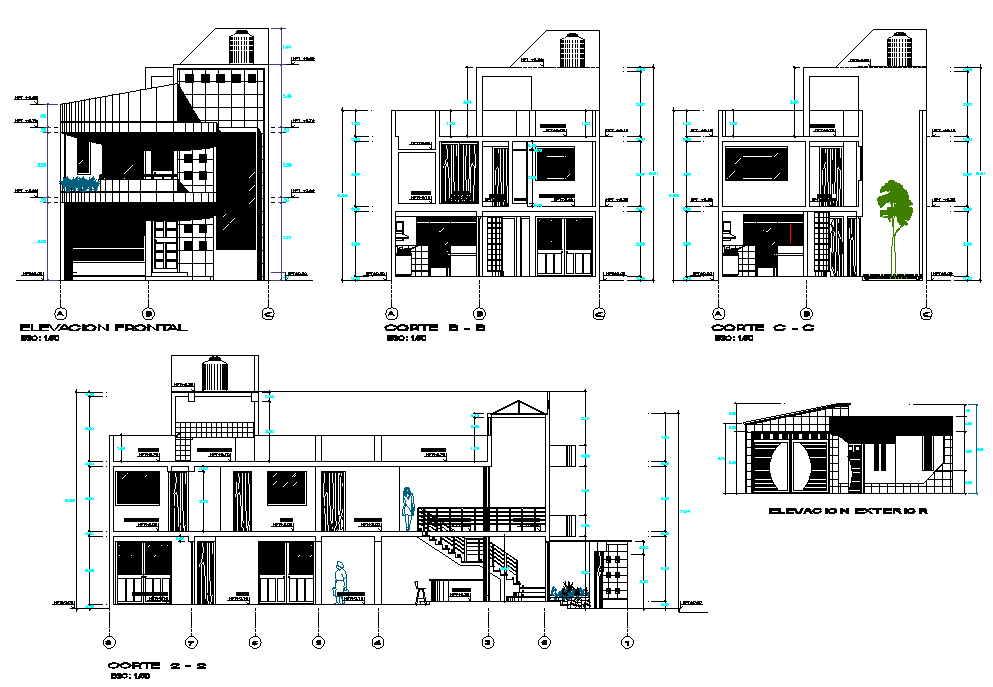 Elevation and section single family dwg file