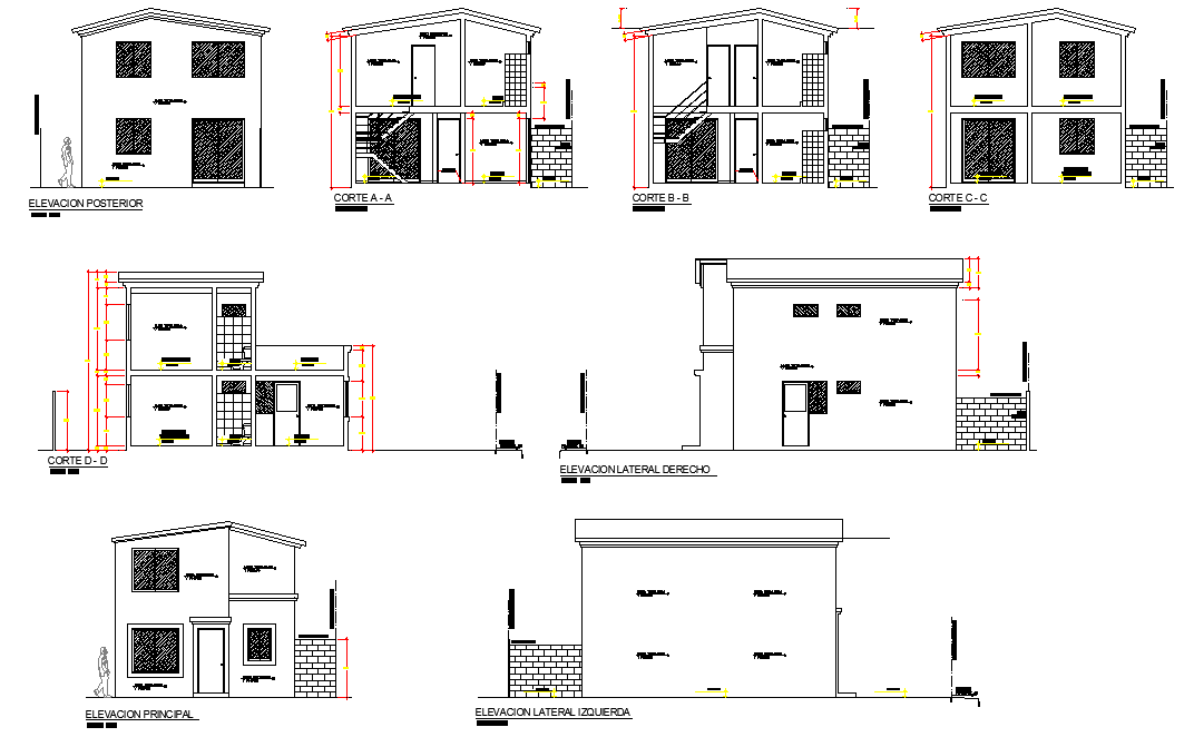 Elevation and section single family home plan autocad file