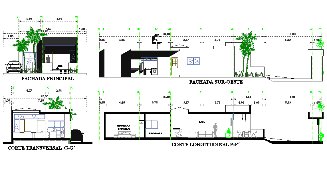 Elevation and section single family house dwg file
