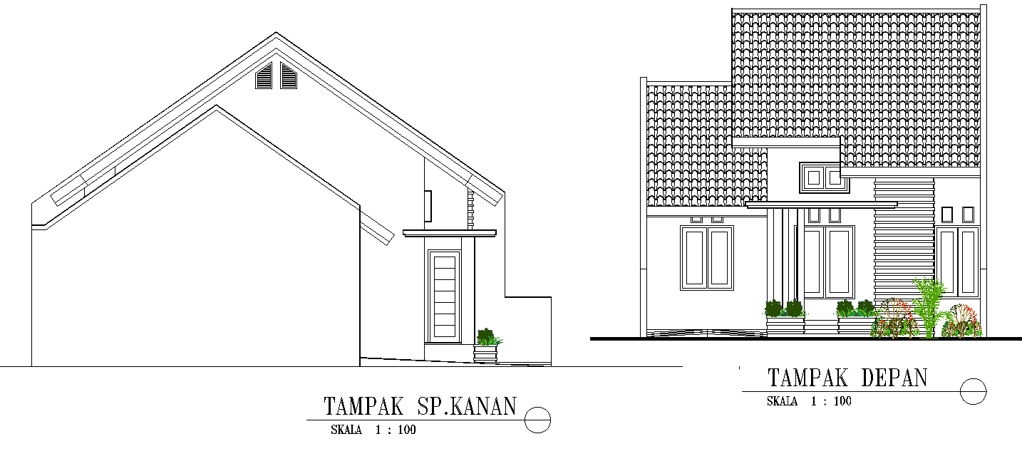 Elevation and section small house plan detail dwg file