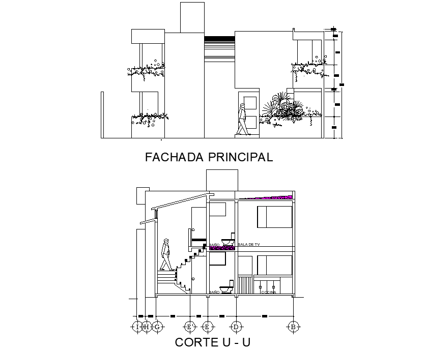 Elevation and section unifamily housing plan detail dwg file