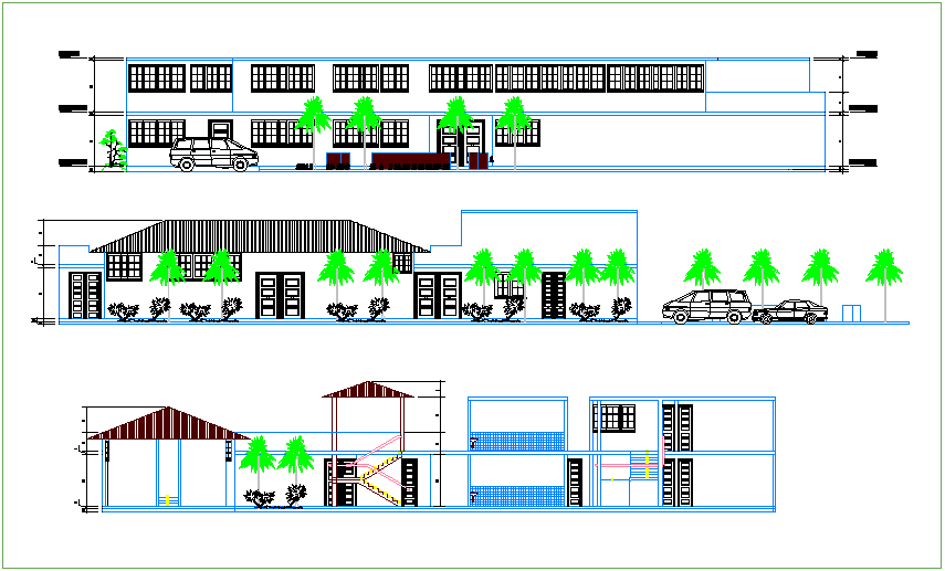 Elevation and section view civic center government building dwg file