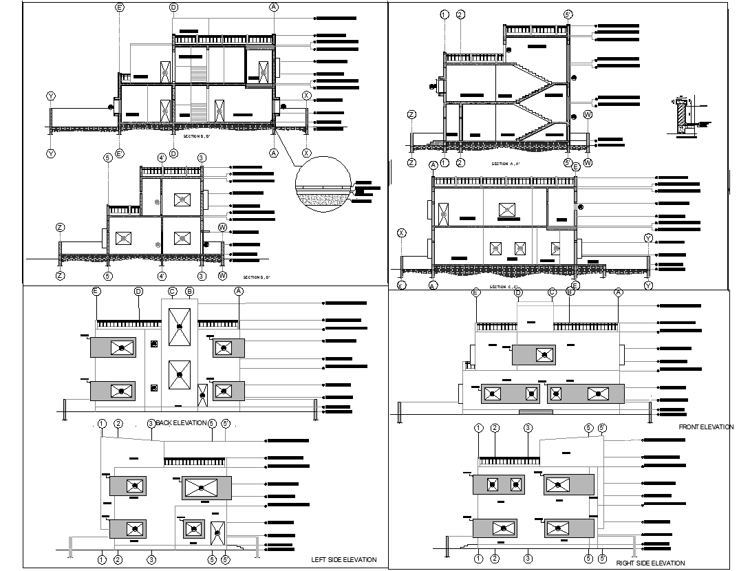 Elevation and section view detail of house detail dwg file
