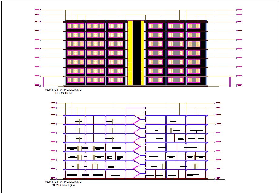 Elevation and section view for administration building for block B dwg file