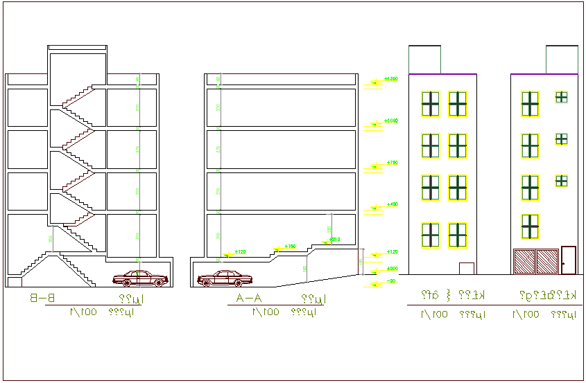 Elevation and section view for architectural plan of house building dwg file