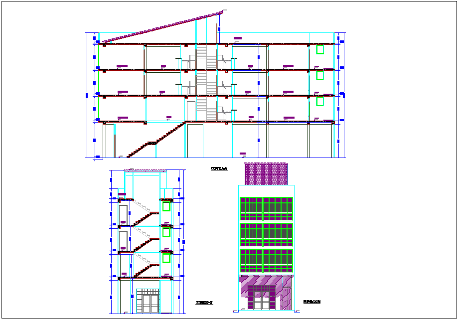 Elevation and section view for corporate building dwg file