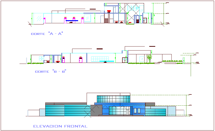 Elevation and section view for health center building dwg file