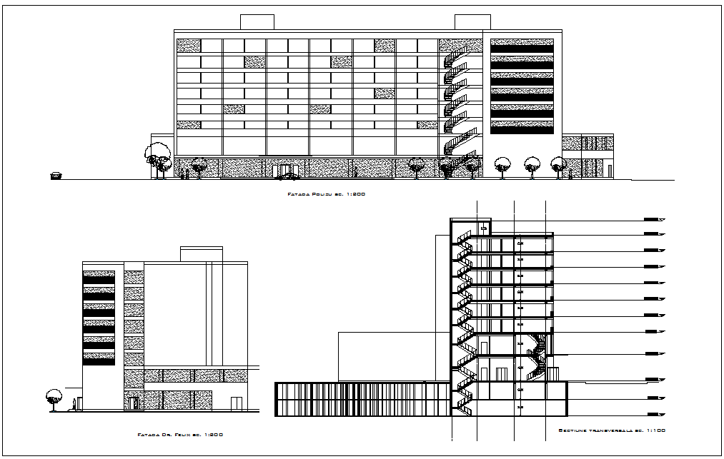 Elevation and section view for hotel building dwg file
