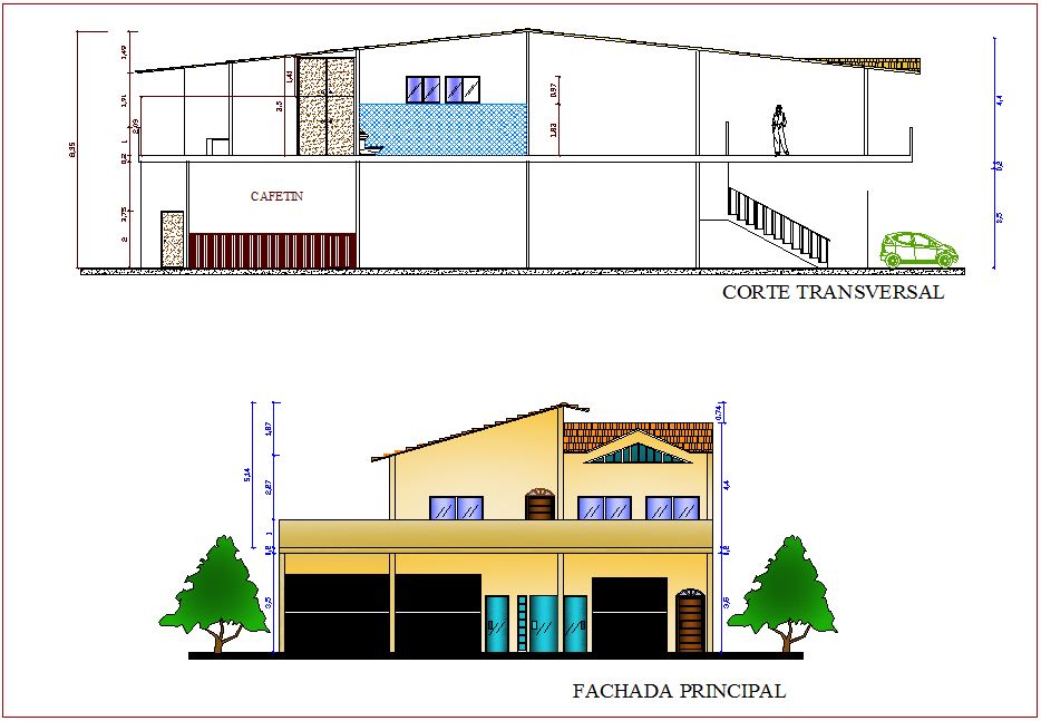Elevation and section view for house building dwg file