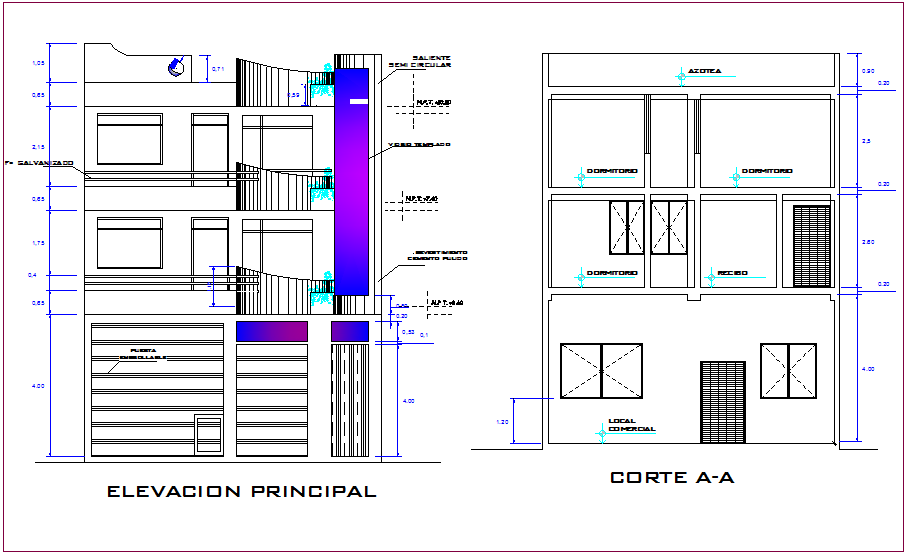 Elevation and section view for housing building dwg file