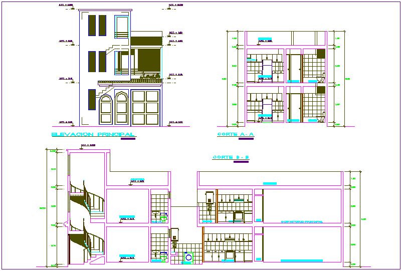 Elevation and section view for housing building dwg file