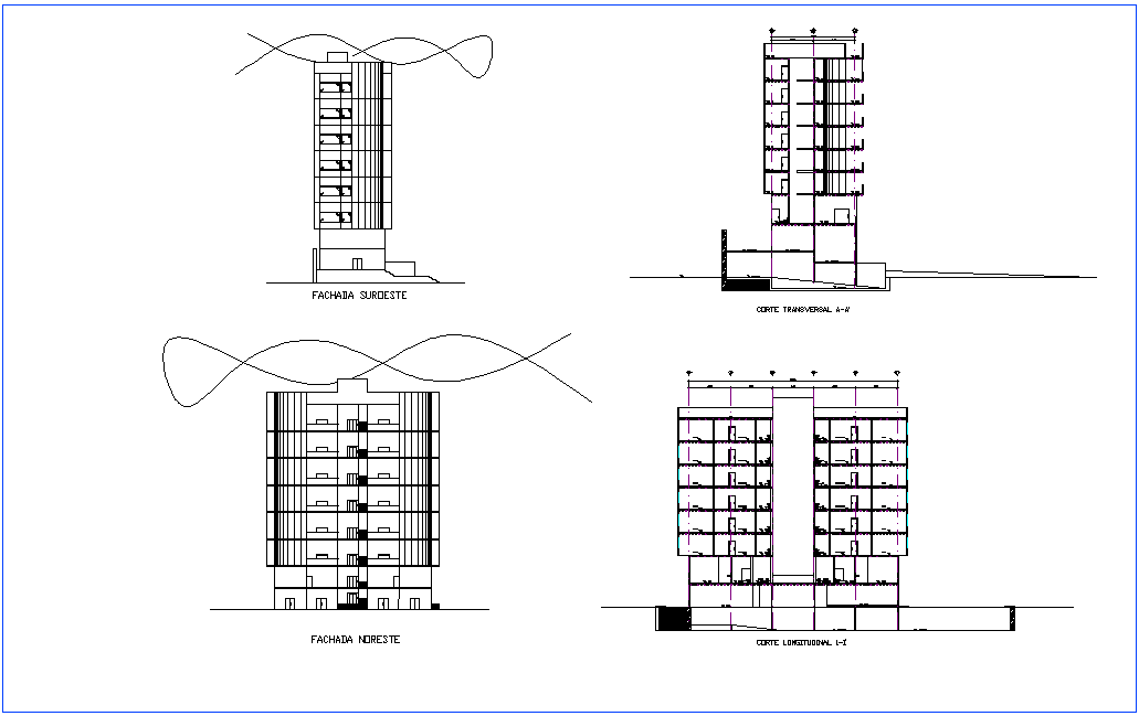 Elevation and section view for office building dwg file