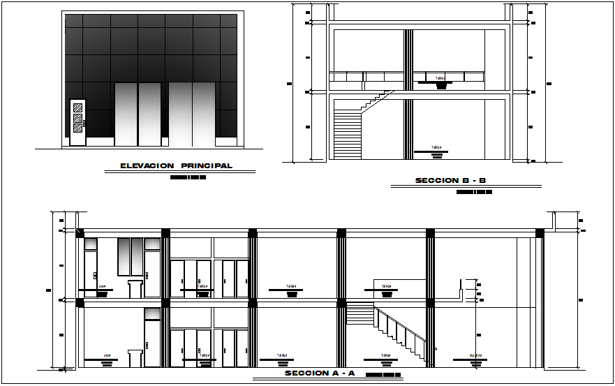 Elevation and section view for plan of commercial building dwg file