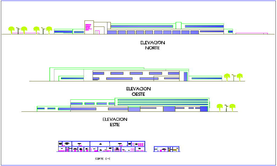 Elevation and section view for plant of hospital building dwg file