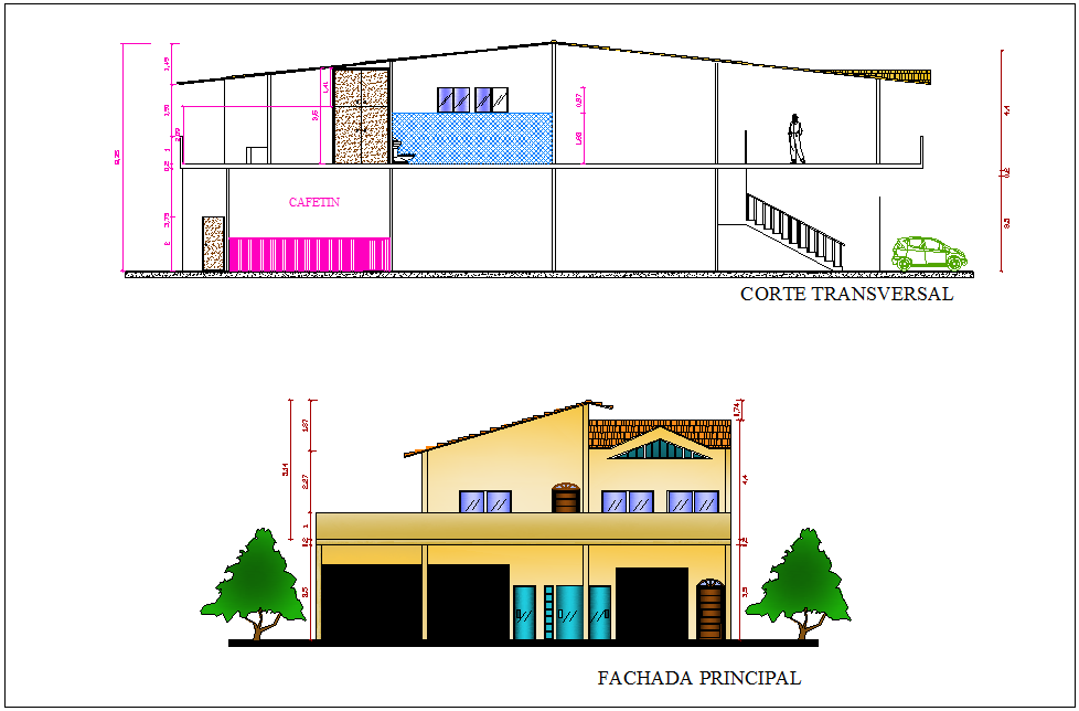 Elevation and section view for plant of house building dwg file
