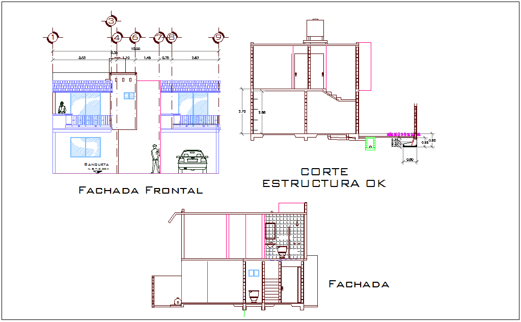 Elevation and section view for residential building dwg file
