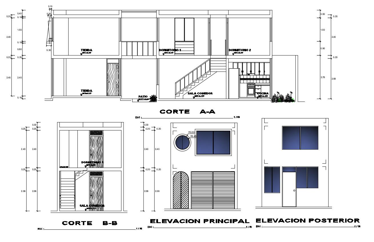 Elevation and section view for single family house building dwg file