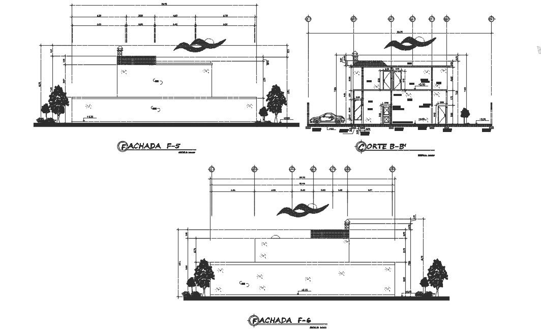 Elevation and section view living place building dwg file