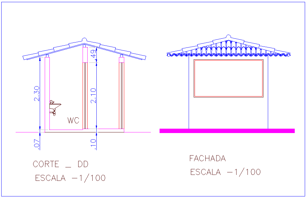 Elevation and section view of WC for industrial area dwg file