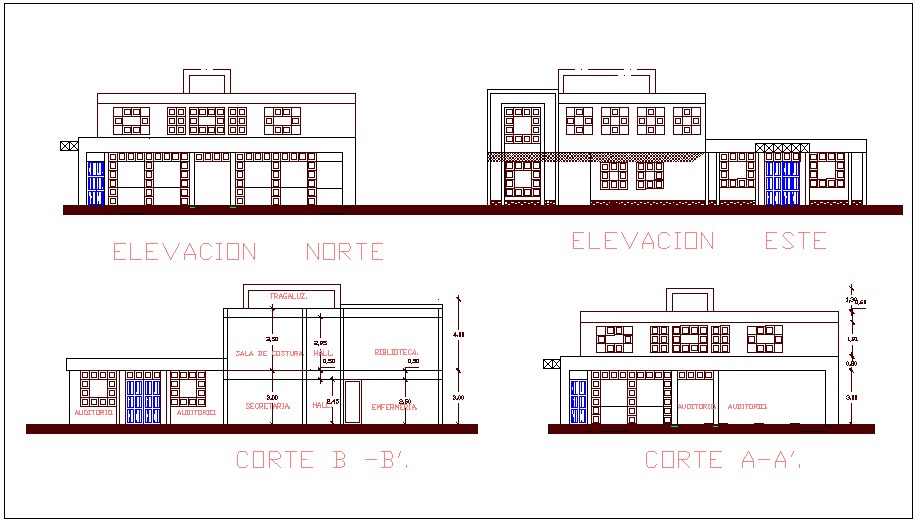Elevation and section view of city hall dwg file