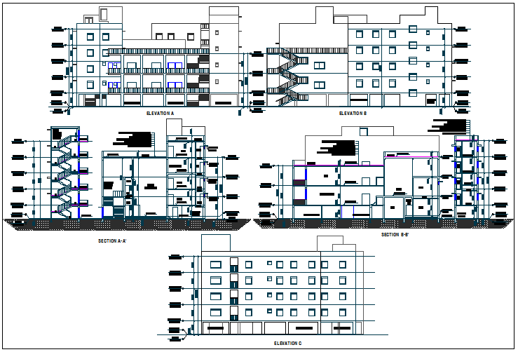 Elevation and section view of education building of collage dwg file