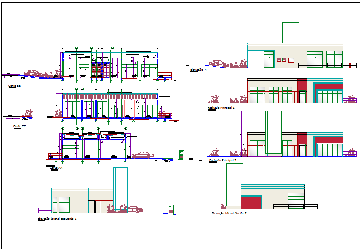 Elevation and section view of government building dwg file