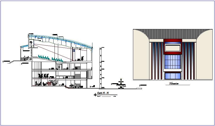 Elevation and section view of government building dwg file